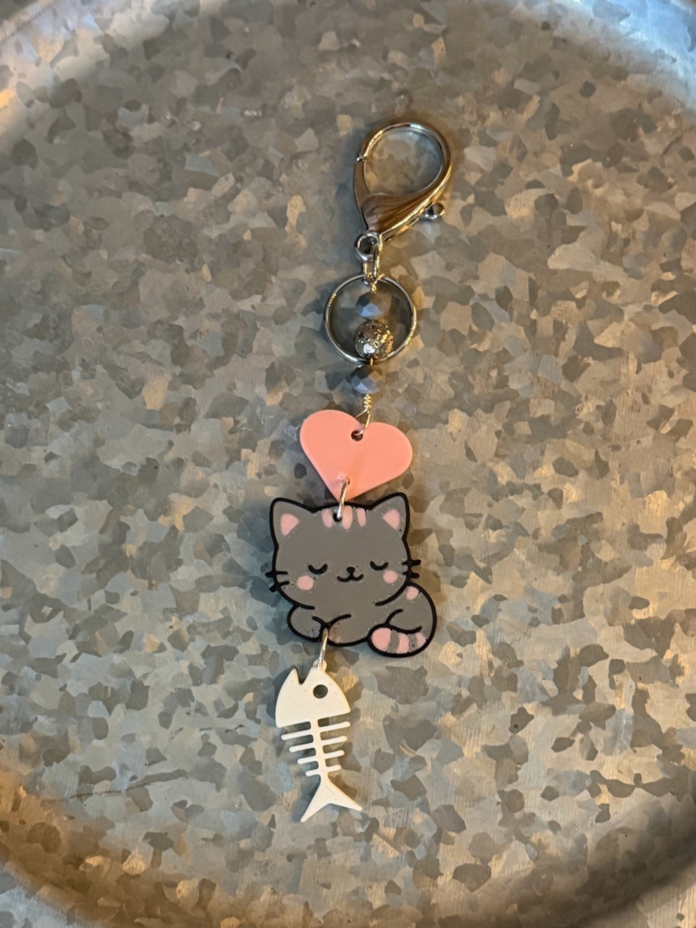 Hand Crafted Pink Heart Gray Cat Bag Charm/Keychain with White Fishbone Charm